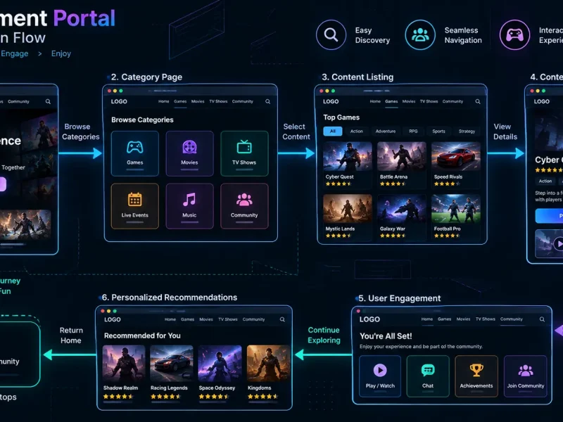 Digital wireframe layout showing user navigation flows for an entertainment portal