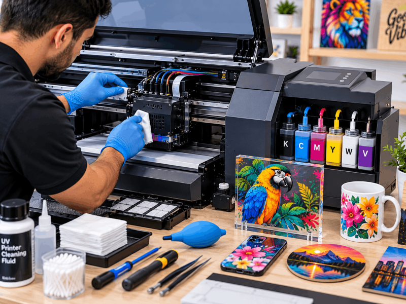 Manutenção de impressora UV com limpeza do sistema de impressão