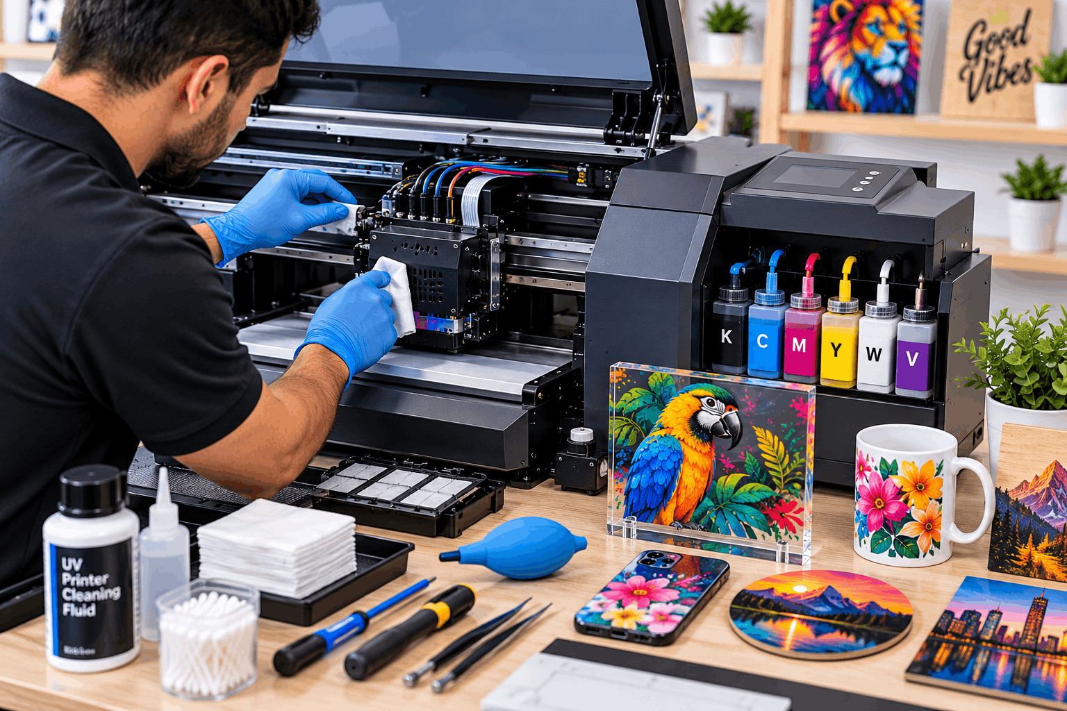 Manutenção de impressora UV com limpeza do sistema de impressão