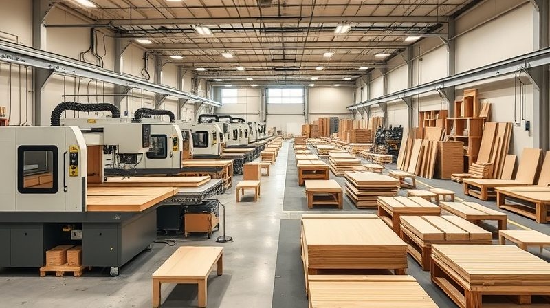 Woodworking automation connecting CNC machines and material handling in a furniture factory
