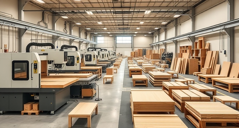 Woodworking automation connecting CNC machines and material handling in a furniture factory