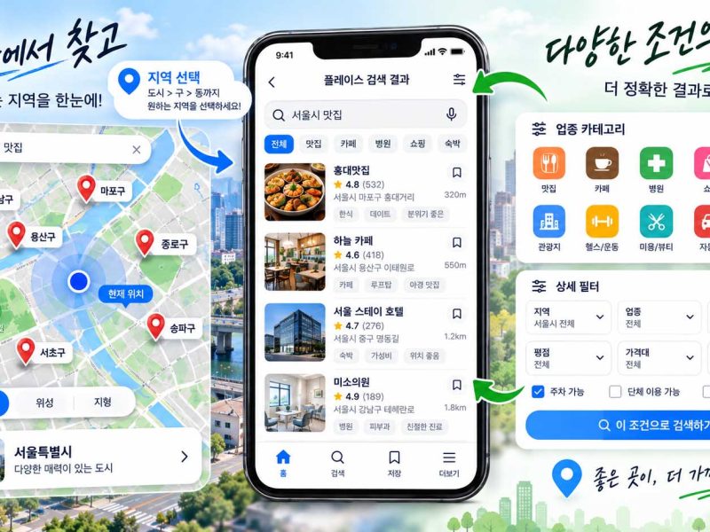 지역검색 vs 업종검색 플레이스의 차이와 검색 방법을 보여주는 화면