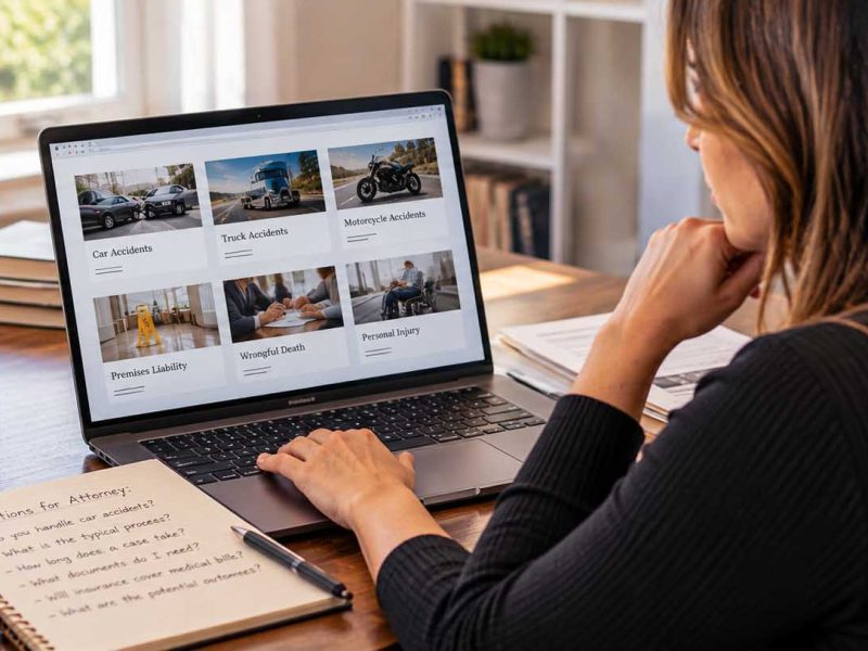 Prospective client reviewing law firm practice area pages on a laptop before arranging a legal consultation.