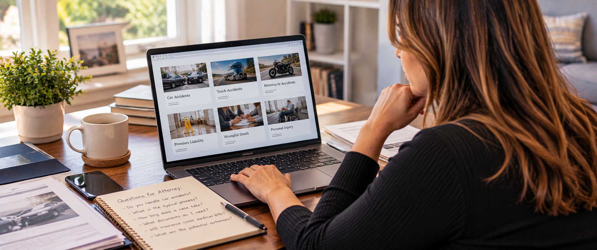 Prospective client reviewing law firm practice area pages on a laptop before arranging a legal consultation.