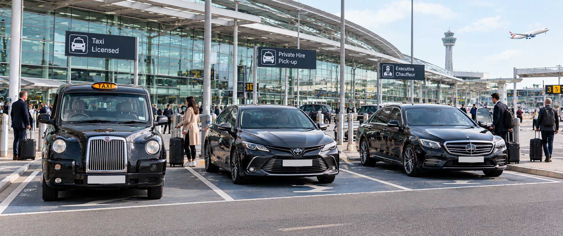 Private hire cars vs airport taxis and executive chauffeur vehicles outside a London airport terminal.