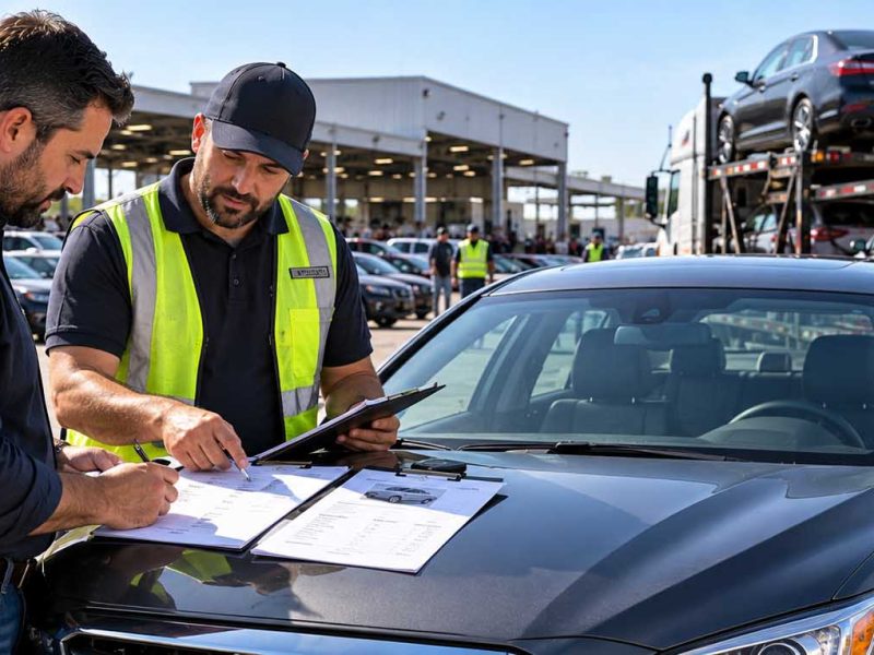 Buyer reviewing payment and vehicle release documents after winning an online car auction.
