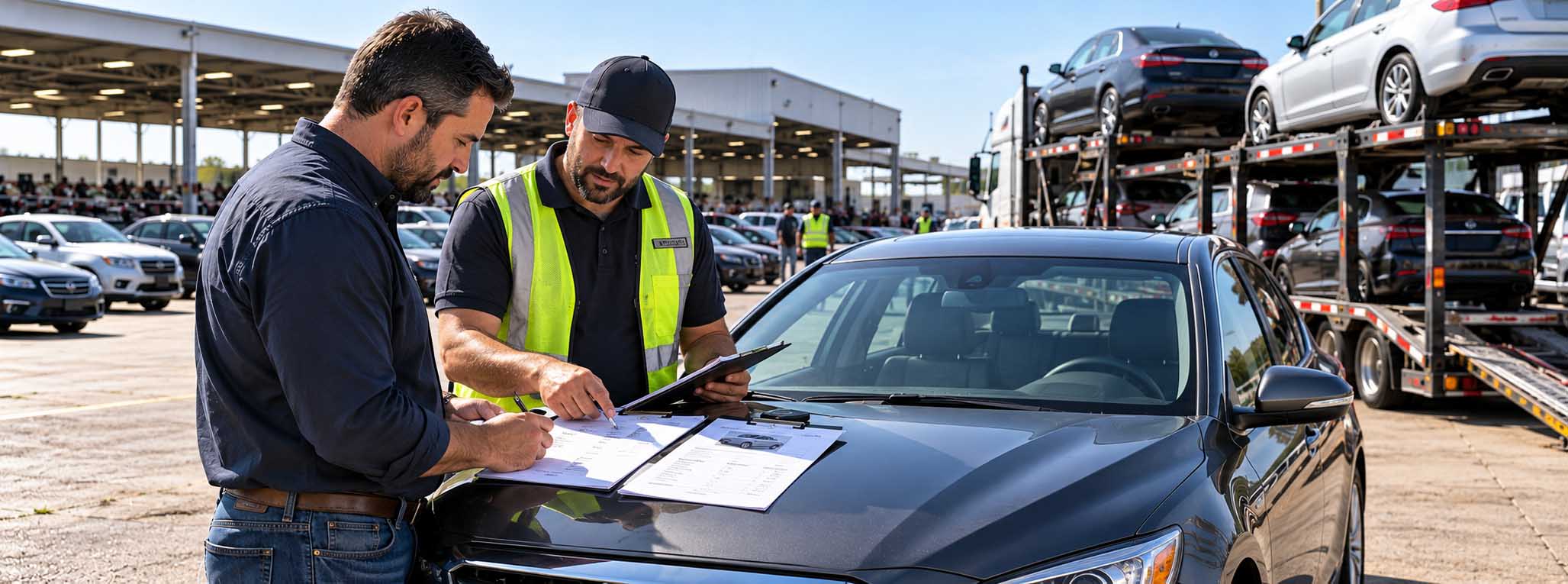 Buyer reviewing payment and vehicle release documents after winning an online car auction.